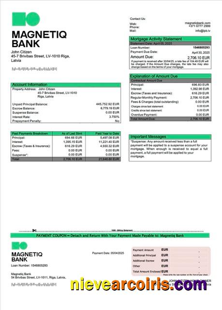 Latvia Magnetiq Bank mortgage statement Word and PDF template